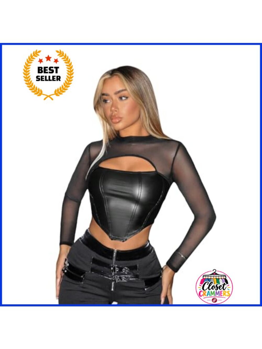 Sheer Faux Leather Crop Top Mock Neck Contrast Mesh Party Blouse
